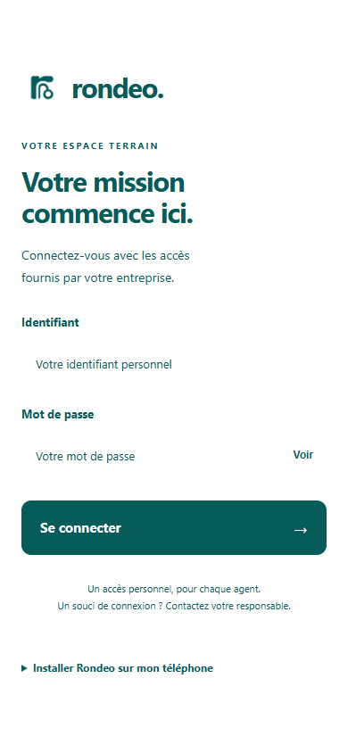 Écran réel de connexion à l’application mobile Rondeo, avec identifiant et mot de passe